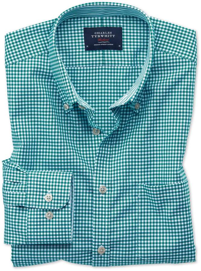 Slim Fit Button-Down Non-Iron Oxford Gingham Green Cotton Casual Shirt Single Cuff Size XS by Charles Tyrwhitt