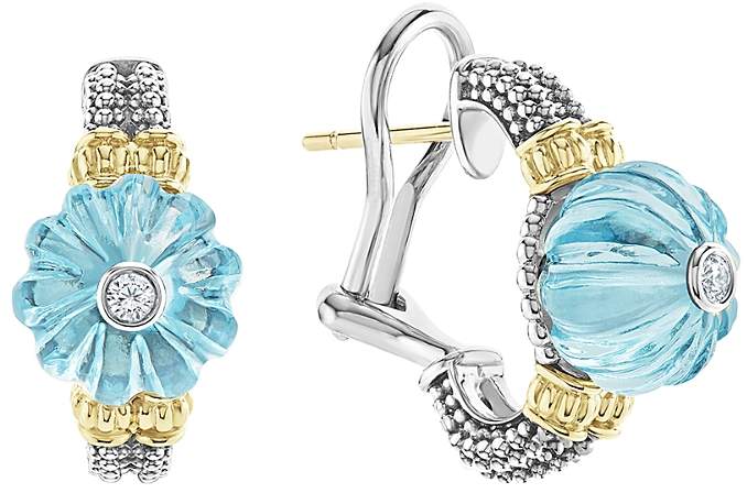 18K Gold & Sterling Silver Caviar Forever Diamond & Sky Blue Topaz Melon Bead Half Hoop Earrings