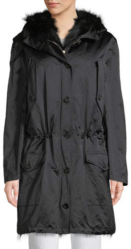 Button-Front Anorak Jacket W/Fur Hood