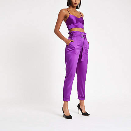 Womens Purple satin paper bag waist trousers