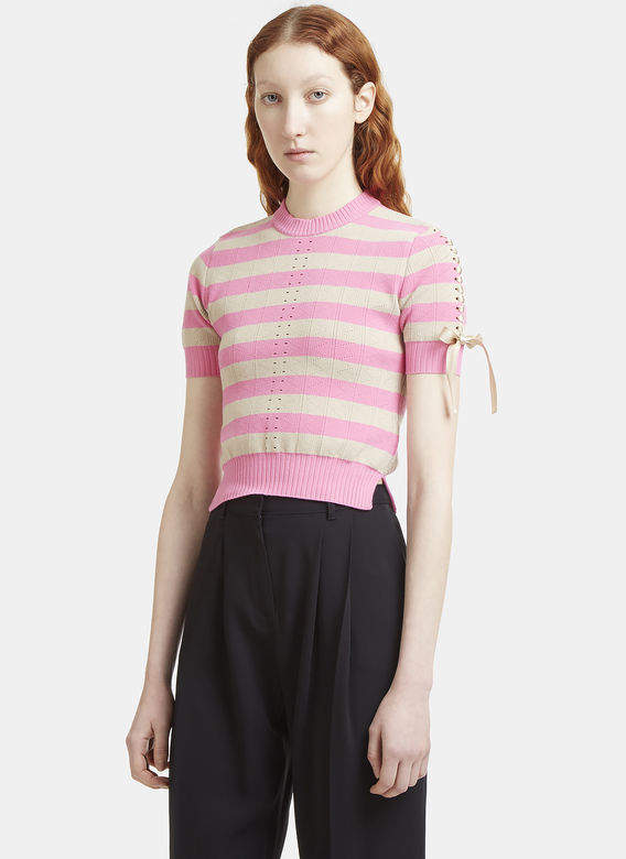 Striped Corset Sleeve Knit Sweater in Pink