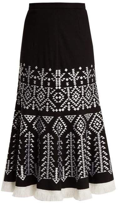 Aztec-embroidered wool-blend midi skirt