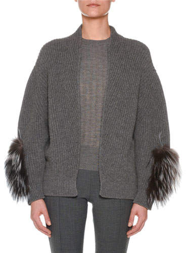 Open-Front Cashmere Ribbed Cardigan w/ Fox Fur Sleeve Patches