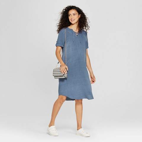 MaCherie Maternity Elbow Sleeve Lace-Up Shirt Dress - Ma Cherie Chambray
