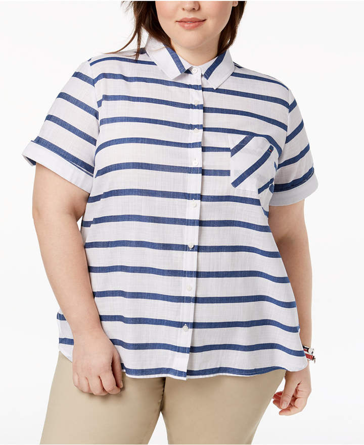 Plus Size Cotton Gauze Striped Shirt, Created for Macy's