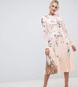 Asos Tall DESIGN Tall midi dress with pretty floral and bird embroidery