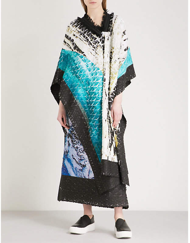 Digital-print pleated kimono dress