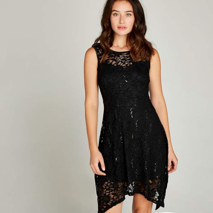 Black Sequin Lace Hanky Hem Skater Dress