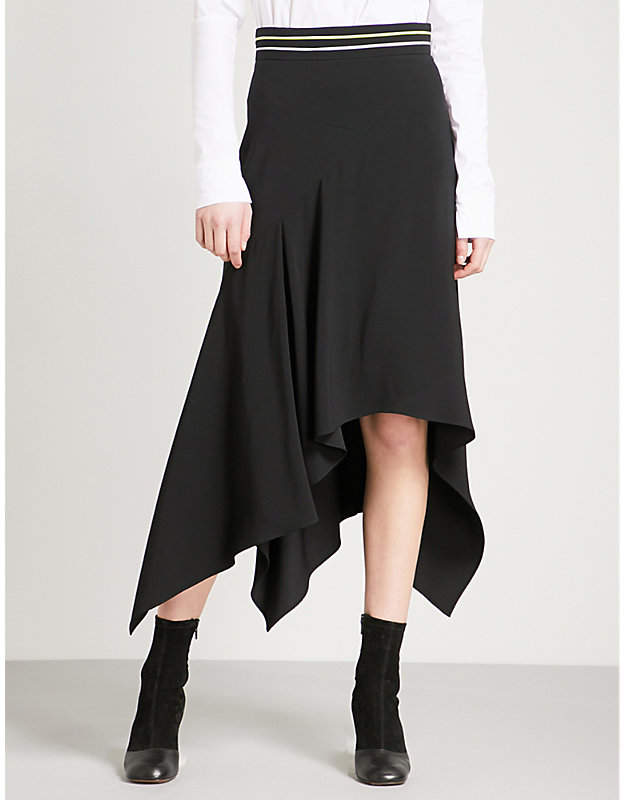 Striped-waist draped crepe midi skirt