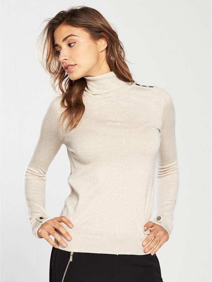 Button Shoulder Roll Neck Knitted Jumper - Oatmeal
