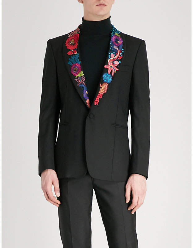 Floral-embroidered wool jacket