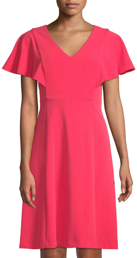 Iconic American Designer Flutter-Sleeve Fit & Flare Crepe Dress