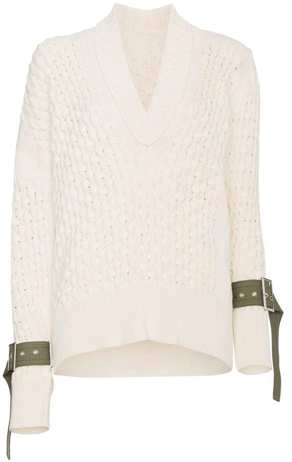 V-neck knitted strap cuff jumper