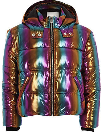 Girls Blue rainbow hooded puffer jacket