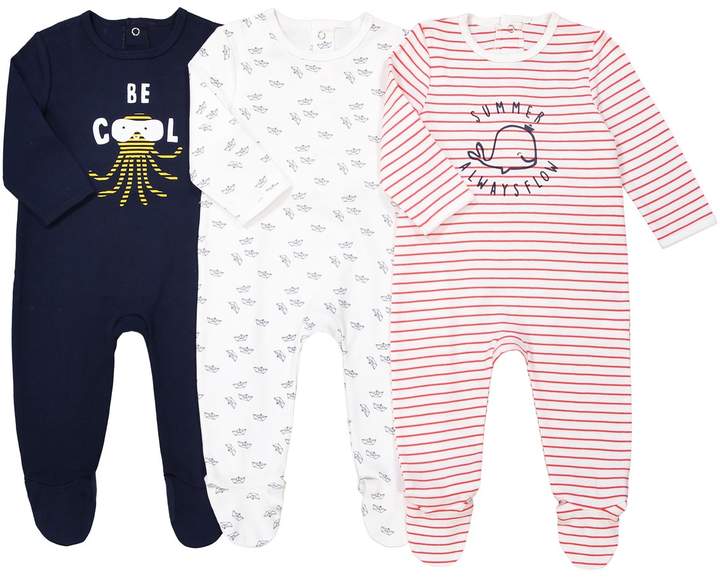 La Redoute Collections Pack of 3 Cotton Sleepsuits, Birth-3 Years