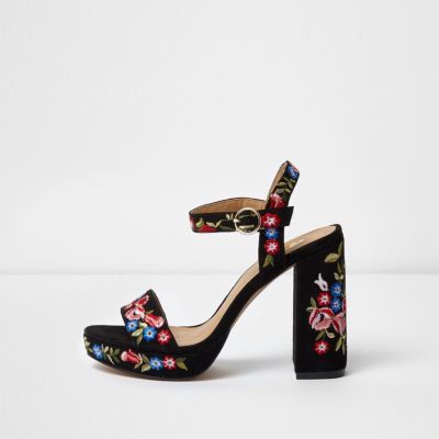 Black floral embroidered platform sandals