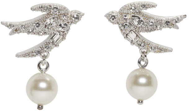 Silver Pearl and Crystal Swallow Earrings