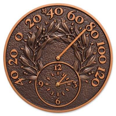 Whitehall Products Bay Leaf Indoor/Outdoor Wall Clock and Thermometer in Antique Copper