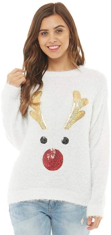 Damen Rudolph Face Pullover mit Rundhalsausschnitt Naturweiß
