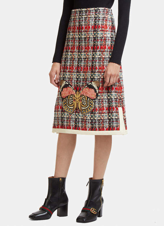 Embroidered Tweed Skirt in Red
