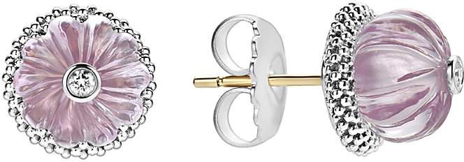 18K Sterling Silver Caviar Forever Diamond & Rose de France Amethyst Melon Bead Stud Earrings