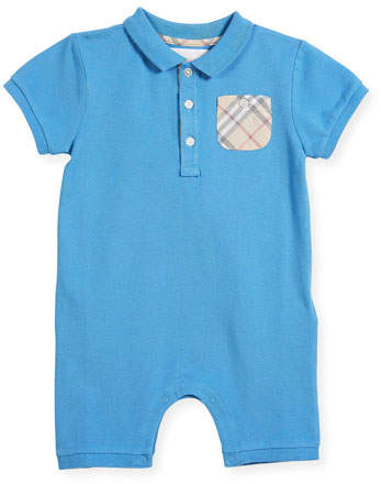 Peter Pique Polo Playsuit w/ Check Pocket, Size 3-24 Months