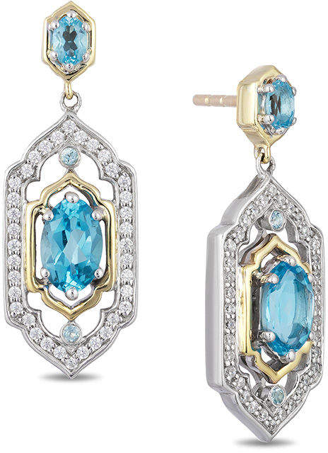 Enchanted Disney Jasmine Oval Swiss Blue Topaz and 1/5 CT. T.W. Diamond Drop Earrings in Sterling Silver and 10K Gold