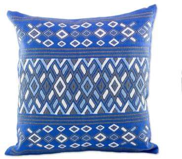 Horizon Geometry Handwoven Cotton Pillow Case in Blue from Guatemala