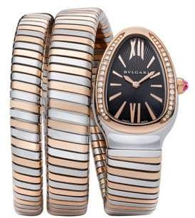 Serpenti Diamond, 18K Rose Gold & Stainless Steel Wraparound Tubogas Bracelet Watch