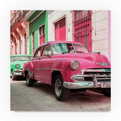 Wayfair 'Two Chevrolet Cars Pink and Green' Photographic Print on Wrapped Canvas