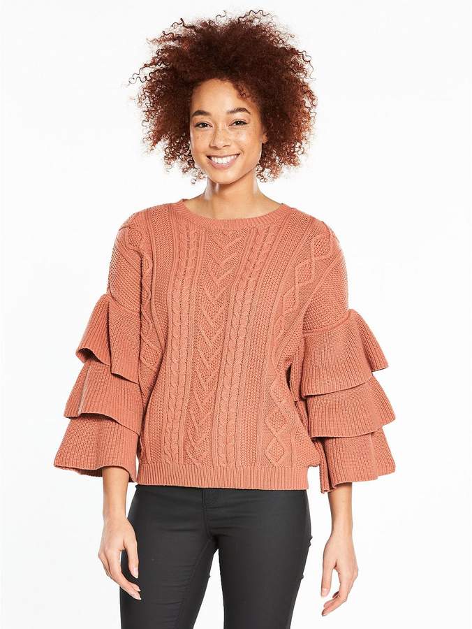 Tiered Sleeve Cable Jumper - Berry Rose