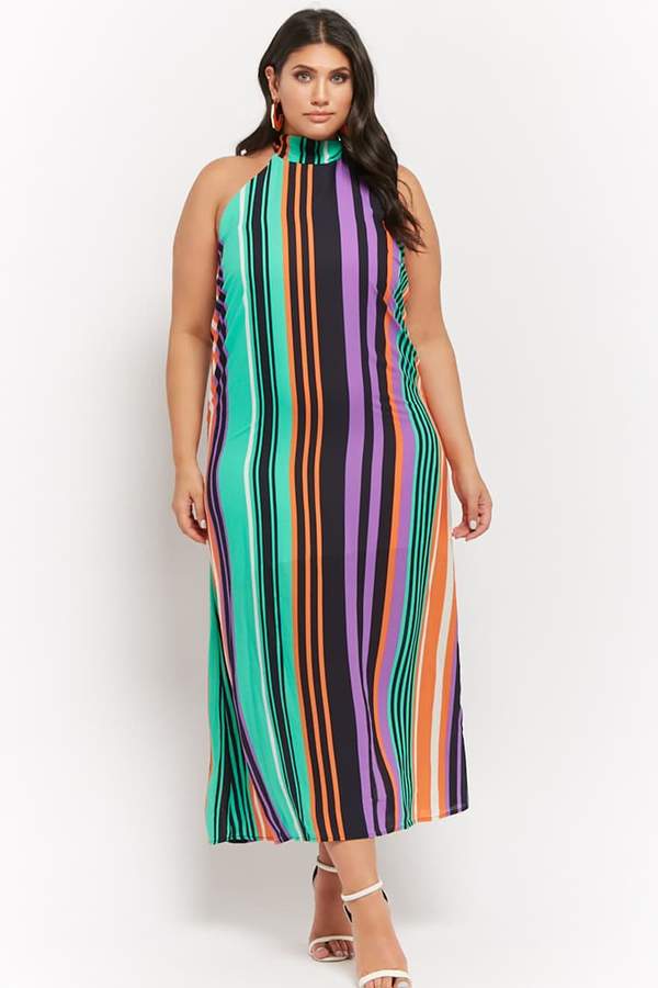 Plus Size Chiffon Multicolor Striped Halter Maxi Dress