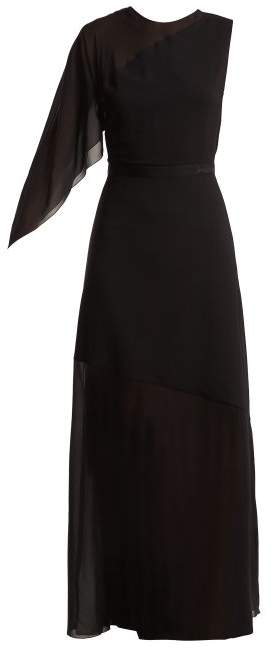Asymmetric draped-sleeve silk-blend gown
