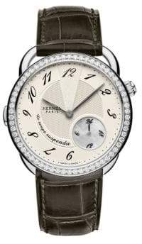 Hermes Watches Arceau Le Temps Suspendu Diamond, Stainless Steel & Alligator Strap Watch