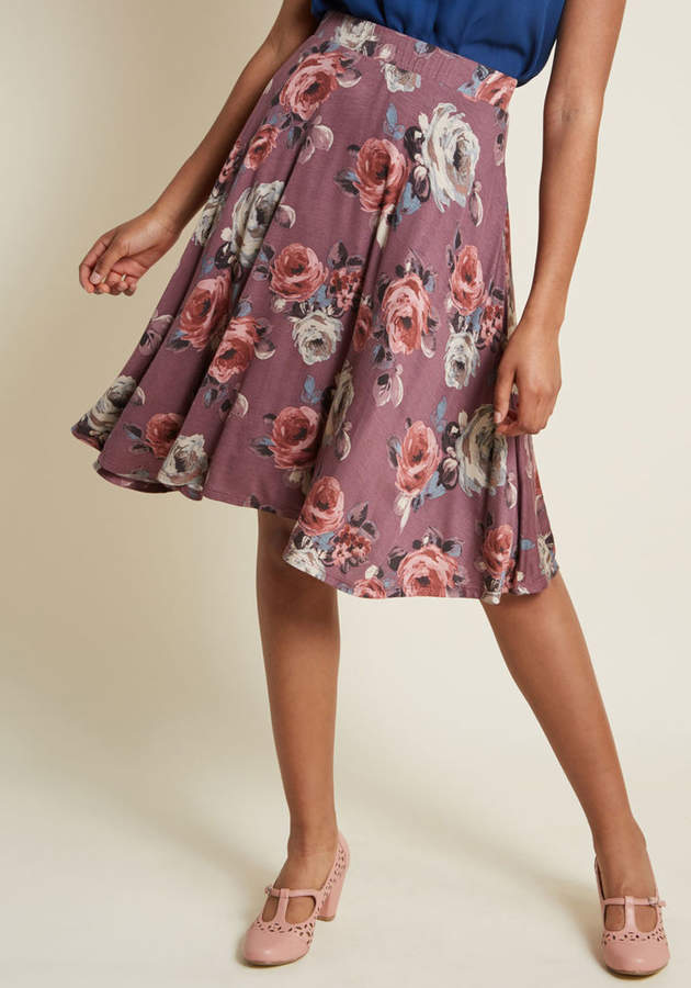 Excellence Attained Knit A-Line Skirt in Purple Floral in 1X - Full Skirt Mid