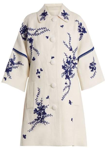 Floral-embroidered linen coat