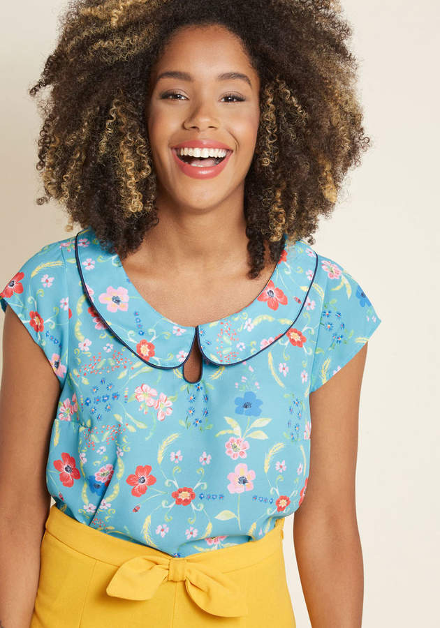Just as Imagined Short Sleeve Top in Aqua Blossom in 2X - Cap Sleeves A-line Mid-length