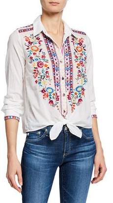 Johnny Was Allegra Embroidered Tie-Front Voile Cotton Shirt