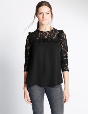 Marks and Spencer Ruffle Lace Long Sleeve Blouse - ShopStyle Women