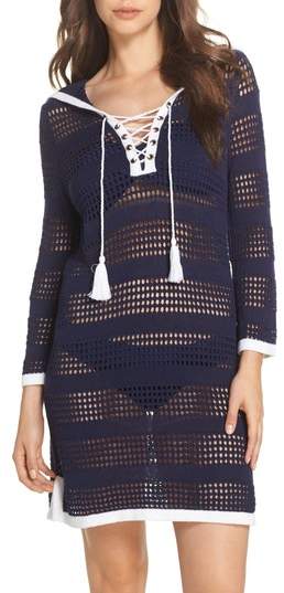 Open Stitch Hooded Cover-Up Sweater Dress