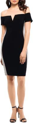 Xscape Evenings Beaded Side Stripe Off the Shoulder Cocktail Dress Xscape Evenings Beaded Side Stripe Off the Shoulder Cocktail Dress