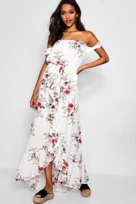 boohoo Floral Off Shoulder Ruffle Wrap Maxi Dress boohoo Floral Off Shoulder Ruffle Wrap Maxi Dress