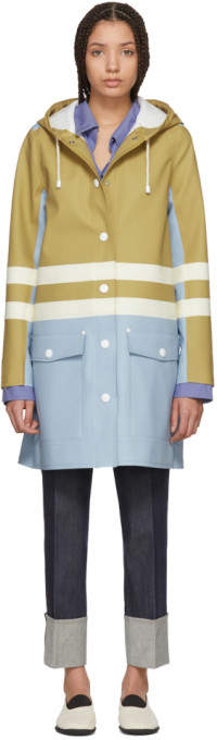 Blue and Beige Hooded Double Stripe Coat