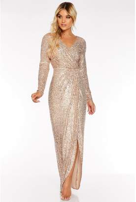 Quiz rose gold sequin long sleeve wrap maxi dress