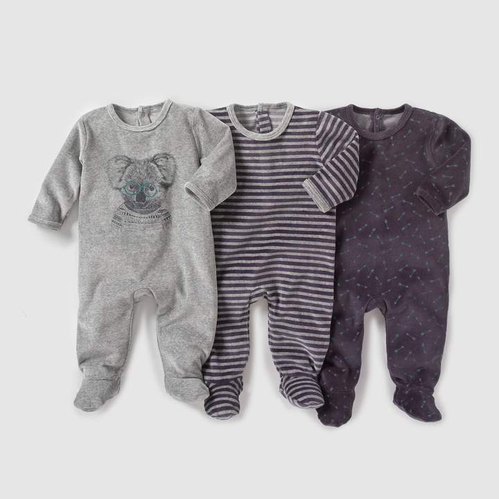 La Redoute Collections Pack of 3 Velour Sleepsuits, Birth - 3 Years