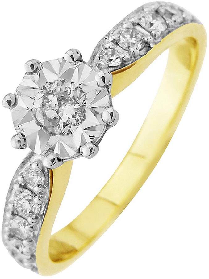 Starlight 9ct Gold 1.25ct Look 50 Point Illusion Set Diamond Ring With Stone Set Shoulders