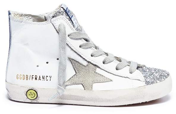 'Francy' glitter tongue leather high top toddler sneakers