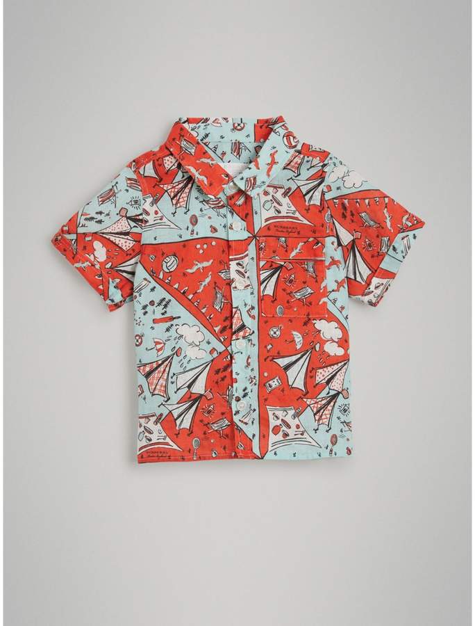 Short-sleeve Picnic Print Linen Shirt