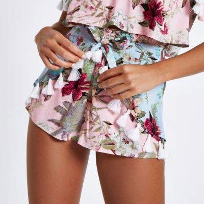 Womens Pink floral tie front beach shorts