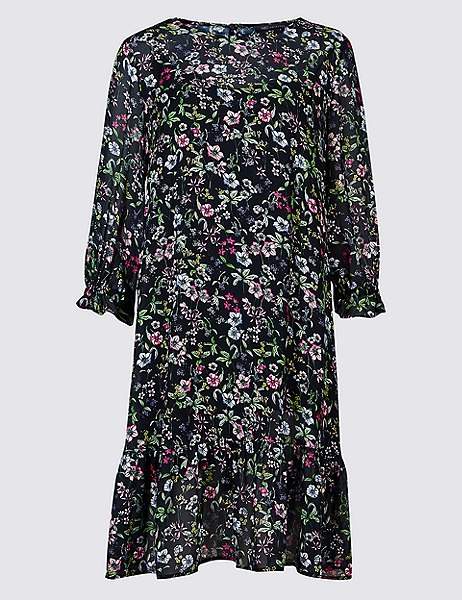 Floral Print 3/4 Sleeve Tunic Dress